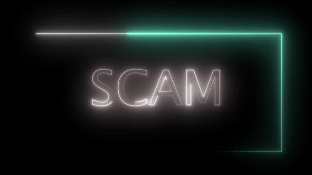 Vibrant neon scam word animation isolated on black for cyber security theme