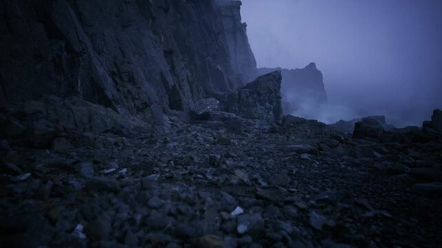 Stormlashed rocky shore under dark clouds, search party sheltering behind crag while waves batter basalt, dramatic spray and howling wind, tense survival