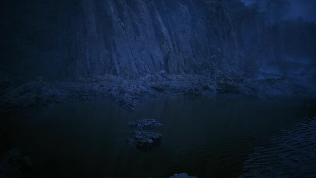 still tidal pool reflecting cliff face, glossy black water and clustered rocks create mirror symmetry, cold blue grading and low light emphasize calm, useful