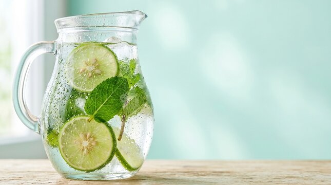 Refreshing glass pitcher of detox water with lime slices, fresh mint, and ice cubes. Cold infused water on a wooden table with soft morning light and copy space for a summer wellness concept.
