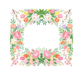 Fototapeta premium Symmetrical Spring Floral Square Frame with Peonies and Tulips Vector Illustration