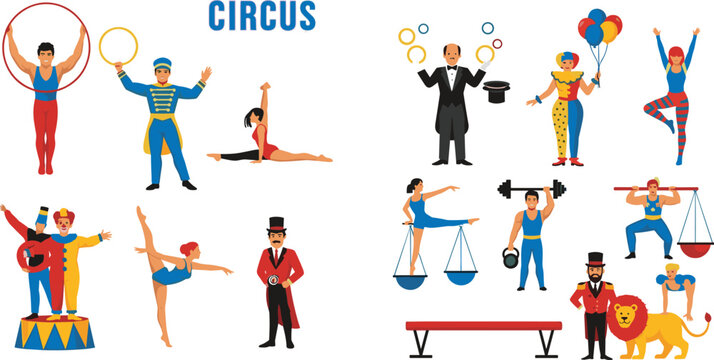Circus Performers and Show Elements Set in Flat Style, Collection of Acrobats, Clowns, Ringmaster, Strongman, Lion and Carnival Entertainment Vector Illustration