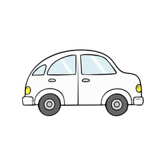 Naklejka premium Simple Cartoon White Compact Car Front Side View Clean Line Drawing.