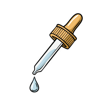 Glass eyedropper with liquid dripping from the tip, medical laboratory tool illustration