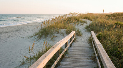 Fototapeta premium Seashore pathway weaving through dunes with gentle surf and subtle sand ripples peaceful coastal minimalism