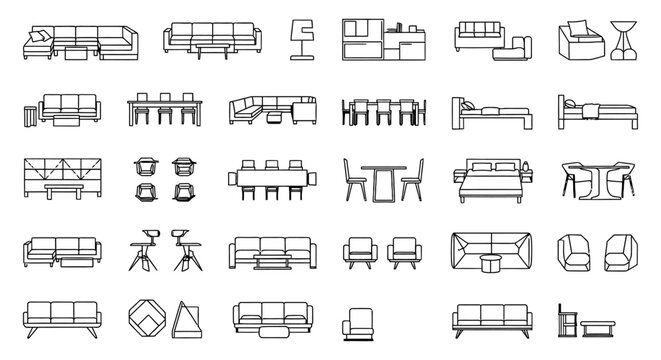 modern furniture collection line art vector icons for interior design and architecture
