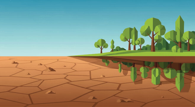 Drought landscape, cracked earth, dry terrain, environmental vector illustration
