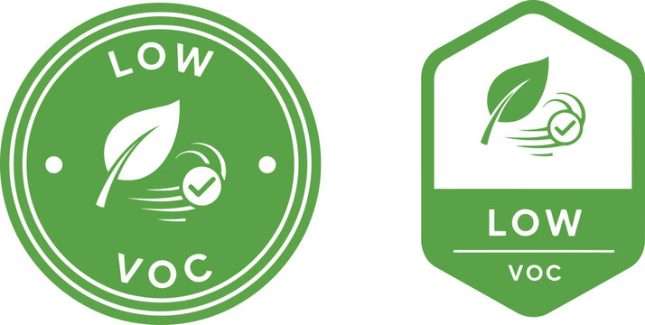 Low VOC eco-friendly certification badge icons with green leaf and check mark for sustainable products