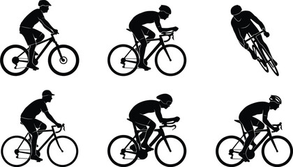 Obraz premium Cyclist silhouettes set with road bike riders in dynamic racing and training positions isolated