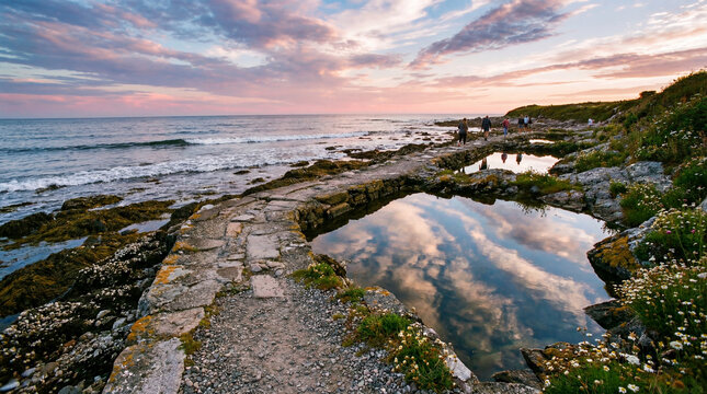 Seashore pathway with tide pools reflecting cloud patterns and gentle surf creating balanced scenic ocean landscape