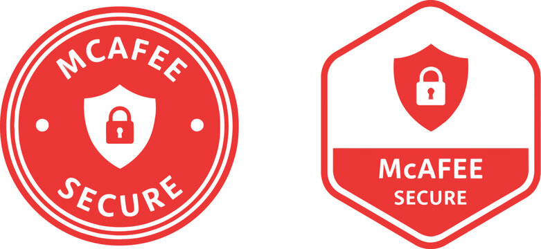 Red McAfee Secure Badge Icons with Lock Symbol for Website Security and Antivirus Protection
