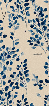 Seamless botanical pattern showing stylized branches and leaves on a textured beige background. Seamless Japanese woodblock-style pattern with blue leaves