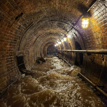 POV deep inside sewer maintenance tunnel during heavy rain overflow showing rushing water intense underground environment
