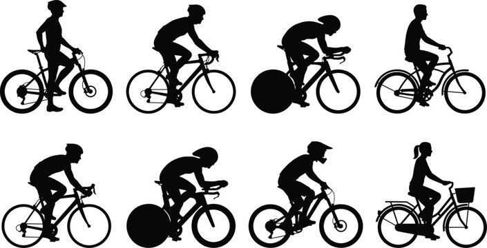 Cycling silhouettes set with various bicycle riders including road racing commuting and time trial positions