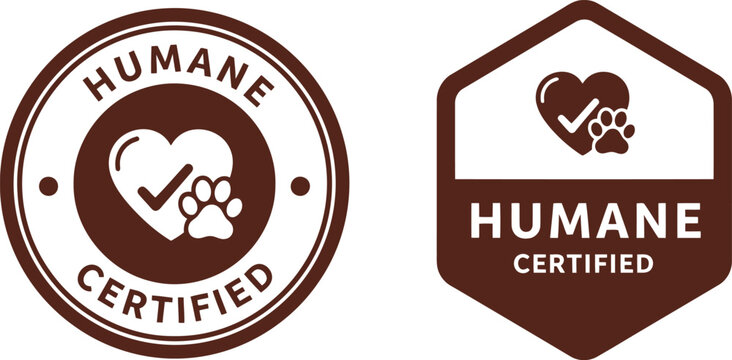 Humane Certified Badge Icons with Heart, Paw Print, and Check Mark for Animal Welfare Labels
