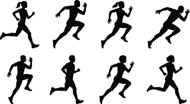 Running silhouettes set of men and women sprinting athletes isolated on white background