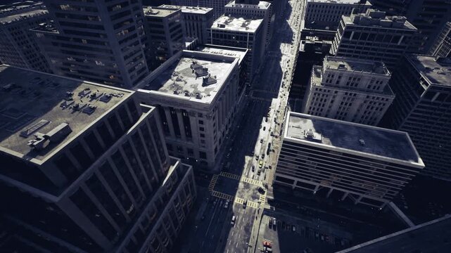 Sunlit chicago avenue aerial view with highcontrast shadows, busy cross streets, layered rooftops, sharp architectural lines, midday clarity, cinematic grain