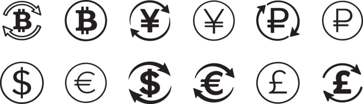 Currency exchange line icon set vector, money signs for finance apps, pixel perfect editable stroke.