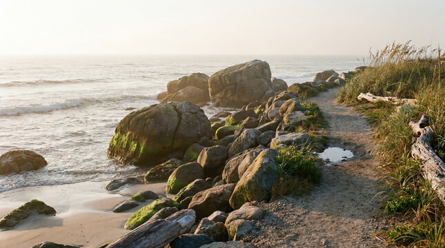 Seashore pathway bordered by moss covered rocks with gentle waves on fine sand creating calming shoreline scene