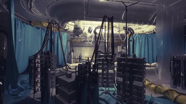 Temporary server bank behind blue curtains, dense power distribution and modular racks on skid, tangled cable looms and dim warm light conveying urgency of live