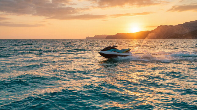 Jet ski skimming turquoise waves with sunset glow reflecting on water creating serene yet dynamic ocean scene