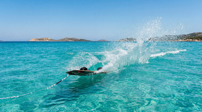 Wakeboard action over sparkling ocean waves with suspended spray highlighting high speed water sports thrill