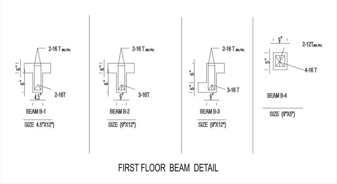 Detailed architectural drawing of first floor beam construction plans and blueprints
