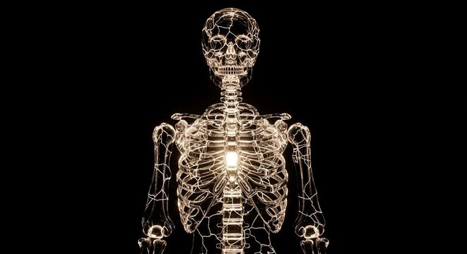Glowing human skeleton made of light wireframe against a black background, intricate details, abstract concept