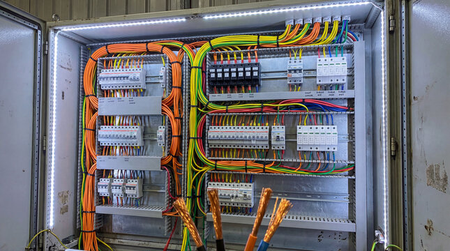 Open electrical switchboard with colorful wiring showcasing complex circuitry and vibrant industrial electrical engineering detail