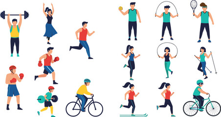 People Fitness and Sports Activities Set in Flat Style, Collection of Running, Cycling, Boxing, Jump Rope, Weightlifting and Workout Exercises Vector Illustration © Minara