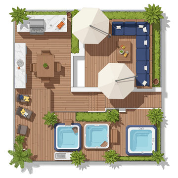 luxury rooftop terrace with jacuzzi tubs lounge seating and outdoor kitchen
