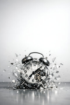 Exploding vintage alarm clock with shattered glass, concept of lost time, missed deadlines, stress at work, and the irreversible nature of moments.