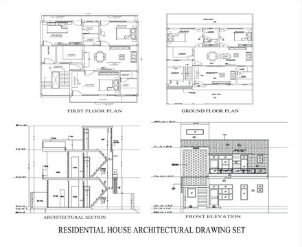 Residential house architectural drawing set with floor plans and elevations