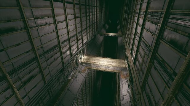 Confined vertical service corridor. Limited space with suspended work platform. Cramped vertical shaft featuring ladder rungs and cable groups