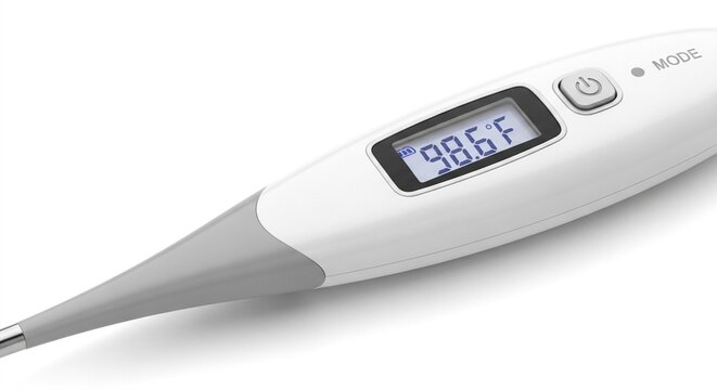 Digital thermometer showing 98.6 degrees Fahrenheit on a clean white background, representing health and normal body temperature