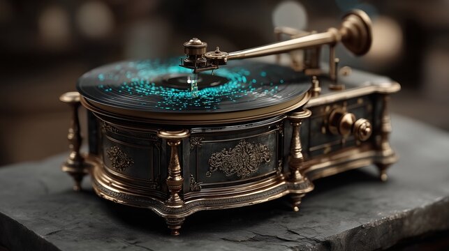 Ornate baroque-steampunk record player featuring multiple golden stylus points and a glowing cyan matrix record