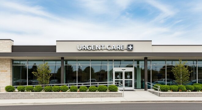 Modern urgent care medical clinic exterior with clear signage and landscaping