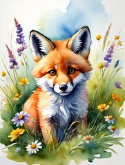 Obraz premium Watercolor Fox in a Field of Flowers