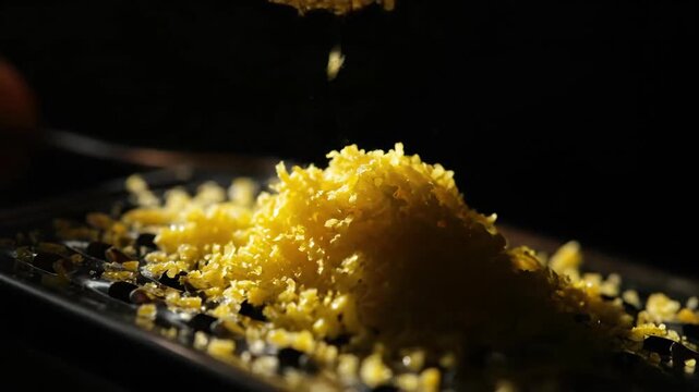 Closeup of yellow couscous being sprinkled onto a black surface.