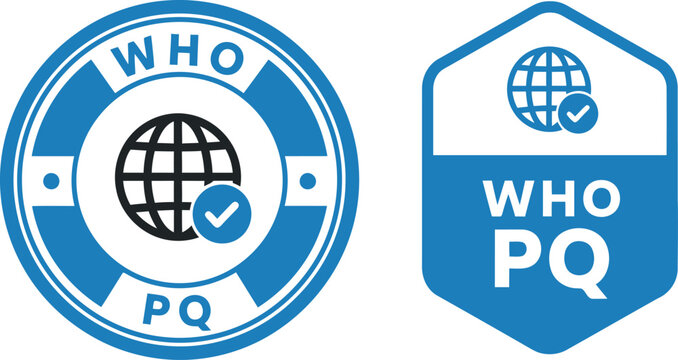 Blue WHO PQ Certification Badge Icons with Globe and Check Mark for Quality Assurance and Compliance