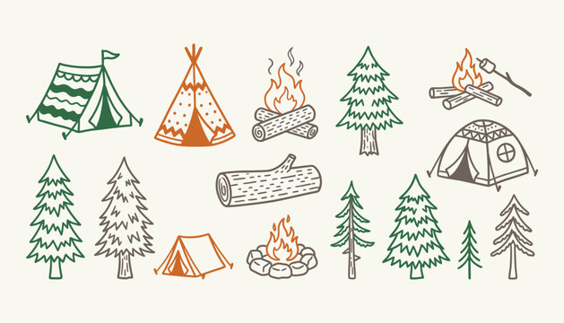Hand drawn camping doodle set featuring rustic tents and forest elements for outdoor adventure