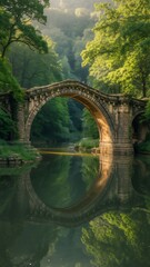 Fototapeta premium A serene stone bridge spans a tranquil river surrounded by lush green trees and foliage