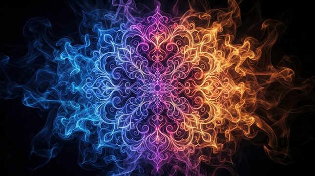 Abstract floral design formed by colorful smoke in a dark background, mandala art.