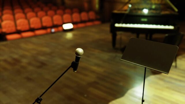 Empty microphone onstage with grand piano, warm wooden floor and red auditorium seats closeup music stand suggests solo vocalist or pianist preparing off camera