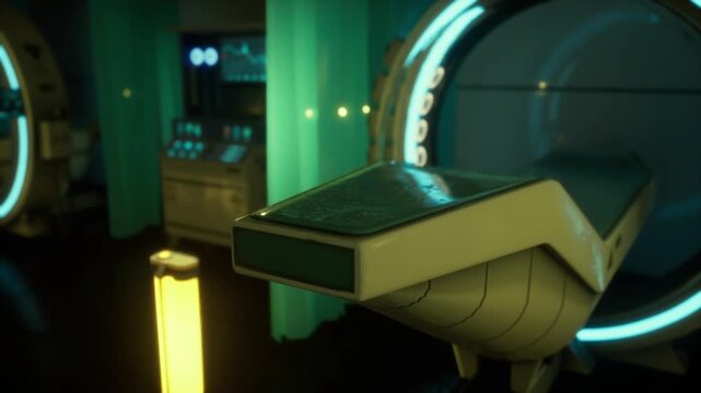 Close stasis pod interface glowing cyan, textured alloy surfaces and circular activation ring in soft bokeh, subtle energy hum and power conduits suggest