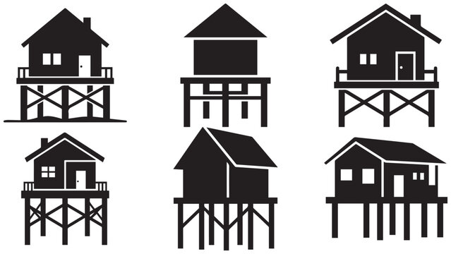 Set of elevated stilt houses isolated on transparent background, traditional coastal and flood-prone wooden home silhouettes