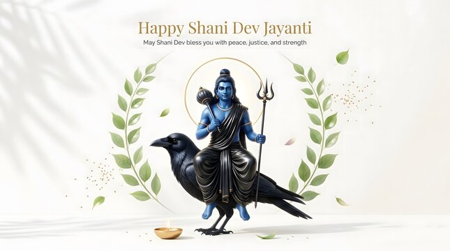 Divine shani dev deity riding crow symbolizing justice and karma with laurel wreath accents