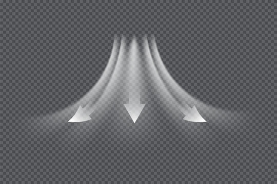 Fresh air flow with dynamic wave effect and arrows pointers. Cool breeze movement isolated on transparent background. Clean wind stream for modern design projects. Realistic vector illustration .
