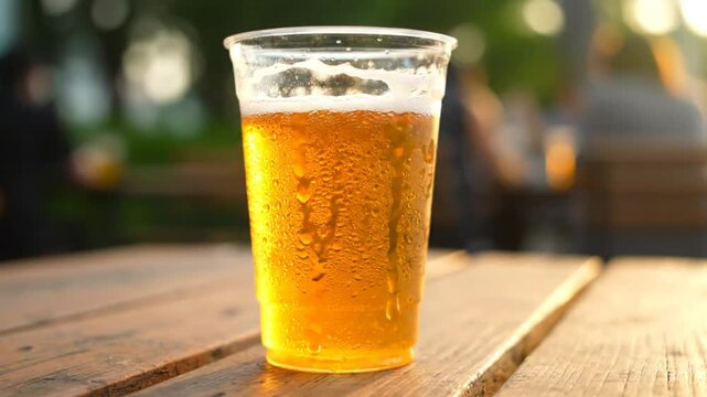 Cold condensation on a refreshing beer in a plastic cup sitting on a wooden picnic table during summer outdoors
