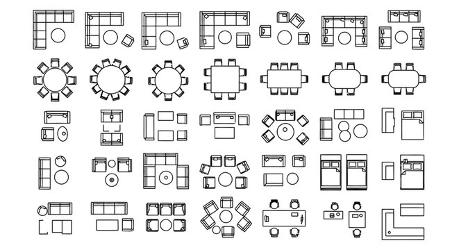 Comprehensive Set of Architectural Furniture for AutoCAD 2D Floor Plans, featuring Sofas, Couches, Dining Tables, and Beds in a Detailed 2D CAD Block Library for